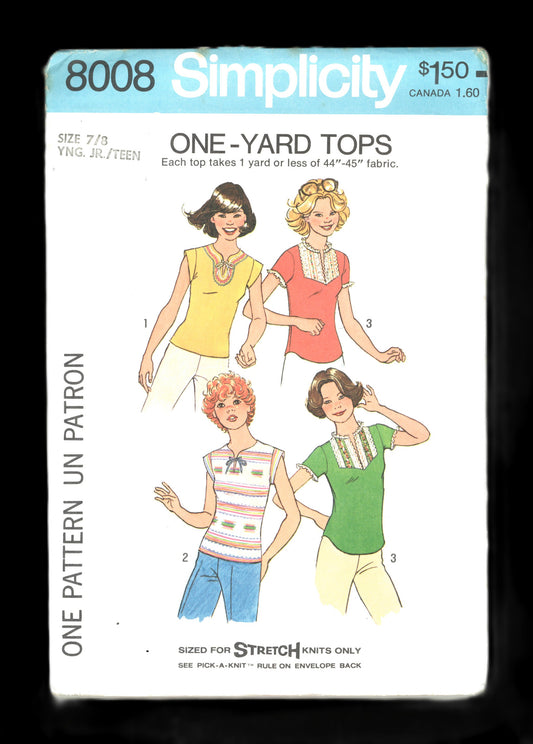 70s Simplicity 8008 Young Junior Teens Pullover Tops Sewing Pattern  UNCUT Size 5/6 or Size 9/10