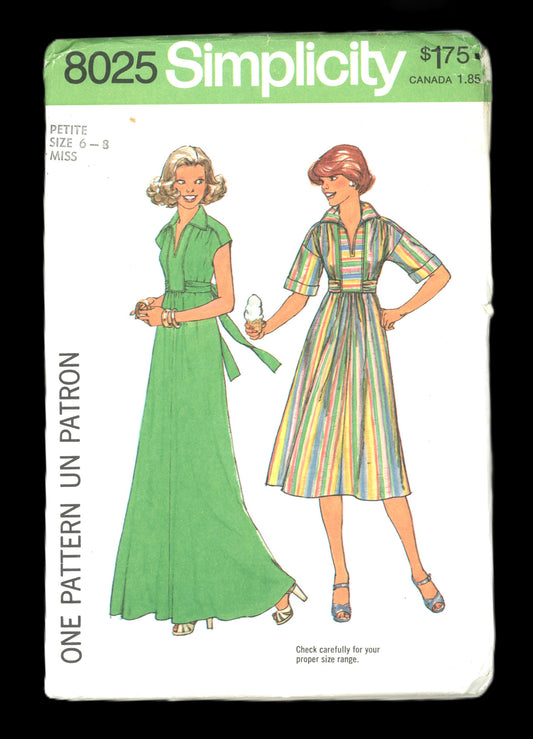 70s Simplicity 8025 Misses Pullover Dress in Two Lengths Sewing Pattern  UNCUT Size 6 - 8