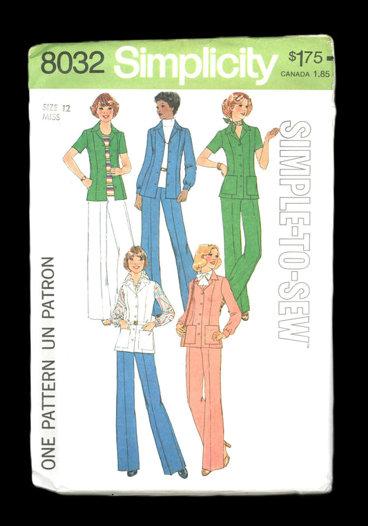 70s Simplicity 8032 Simple to Sew Misses Shirt Jacket and Pants Sewing Pattern - UNCUT - Size 10 or Size 12 or Size 14