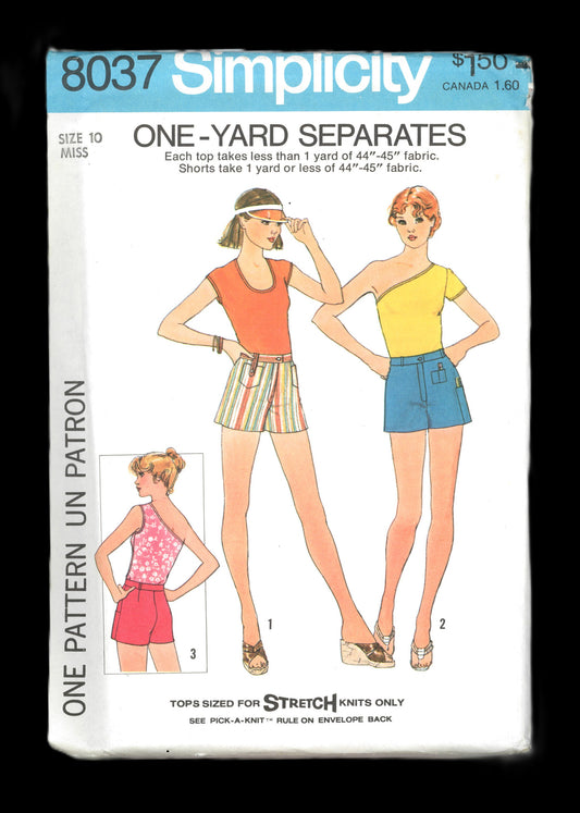 70s Simplicity 8037 MIsses Pullover Top and Shorts Sewing Pattern UNCUT Size 10