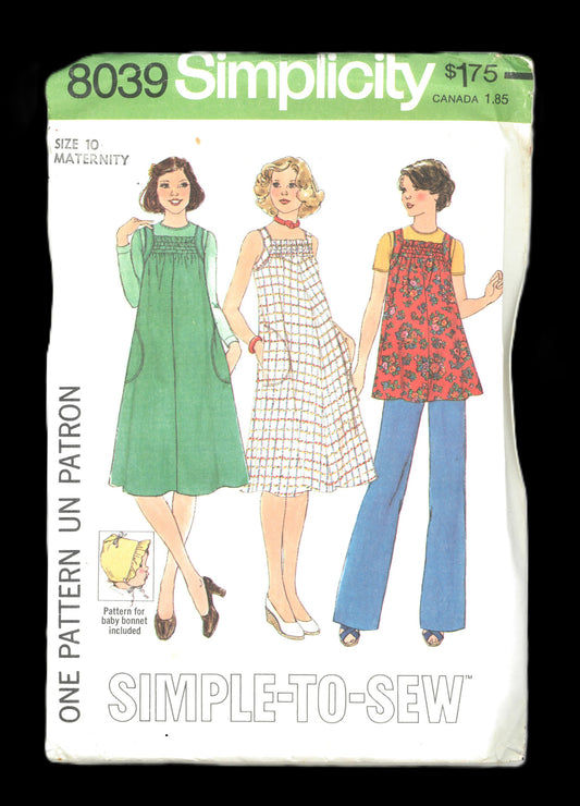 70s Simplicity 8039 Maternity Pullover Dress, Jumper or Top in Misses' Sizes and Babies' Bonnet  Sewing Pattern UNCUT Size 10