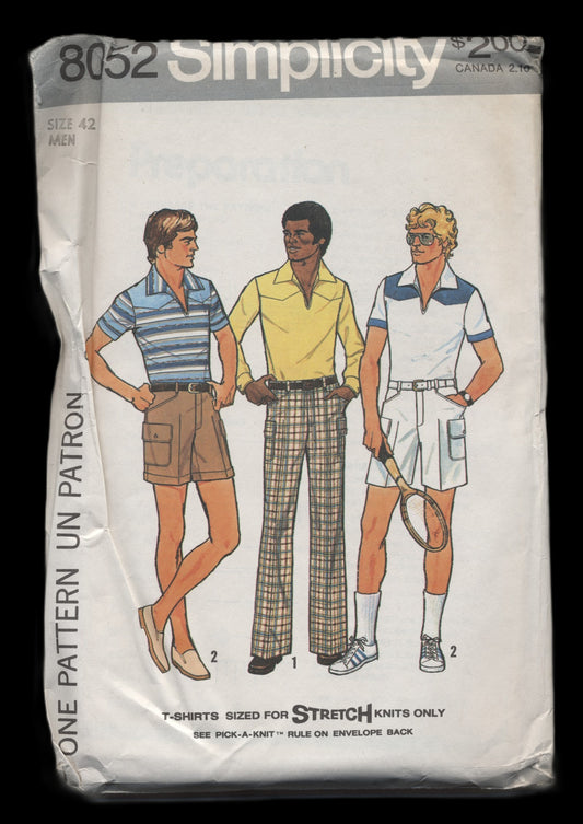 70s Simplicity 8052 Mens Pants Shorts and T Shirt Sewing Pattern - UNCUT Size 42