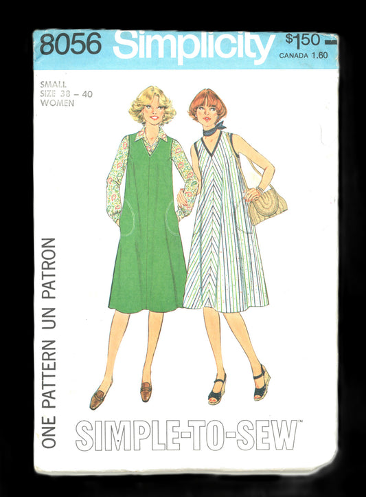70s Simplicity 8056 Misses Easy To Sew Womens Dress or Jumper Sewing Pattern  UNCUT Size Small (38 - 40)