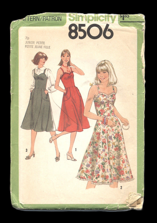 70s Simplicity 8506 Junior Petite Sundress or Jumpers Sewing Pattern  UNCUT Size 7jp Bust 32