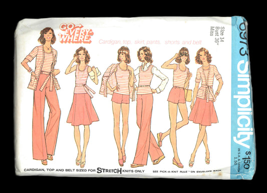 70s Simplicity Misses Skirt, Pullover Top, Unlined Cardigan, Wide Legged Pants and Shorts Sewing Pattern  UNCUT Size 14 Bust 36"