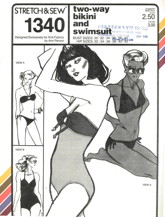 70s Stretch & Sew 1340 Two Way Bikini and Swimsuit Sewing Pattern UNCUT Bust Size 30 32 34 36 38 40