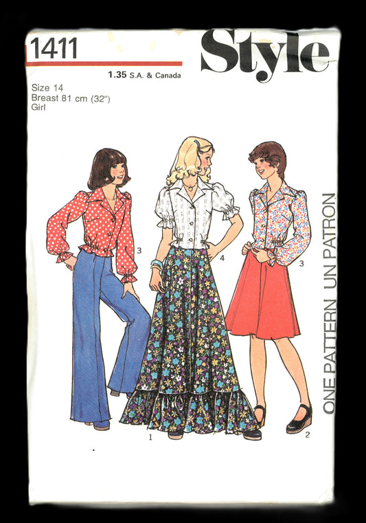 70s Style 1411 Girls Skirt in Two Lengths, Blouse and Trousers Sewing Pattern - UNCUT Size 12 or Size 14