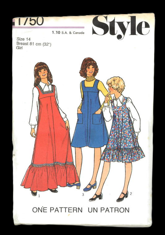 70s Style 1750 Girls Pinafore Dress in Two Lengths Sewing Pattern - UNCUT - Size 7 or Size 8 or Size 12 or Size 14