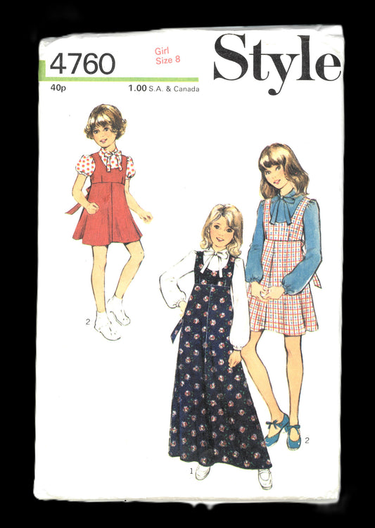 70s Style 4760 Girls Pinafore Dress in Two Lengths and Blouse Sewing Pattern - UNCUT - Size 8