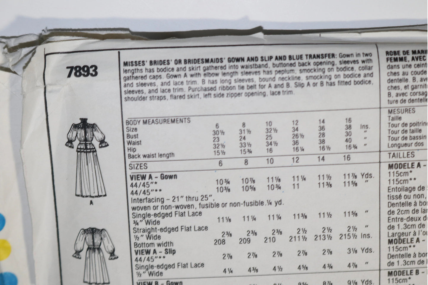 McCalls 7893 Jann Johnson Misses Brides and Bridemaids Gown and Slip and Blue Transfer Sewing Pattern - UNCUT - Size 12 Bust 34