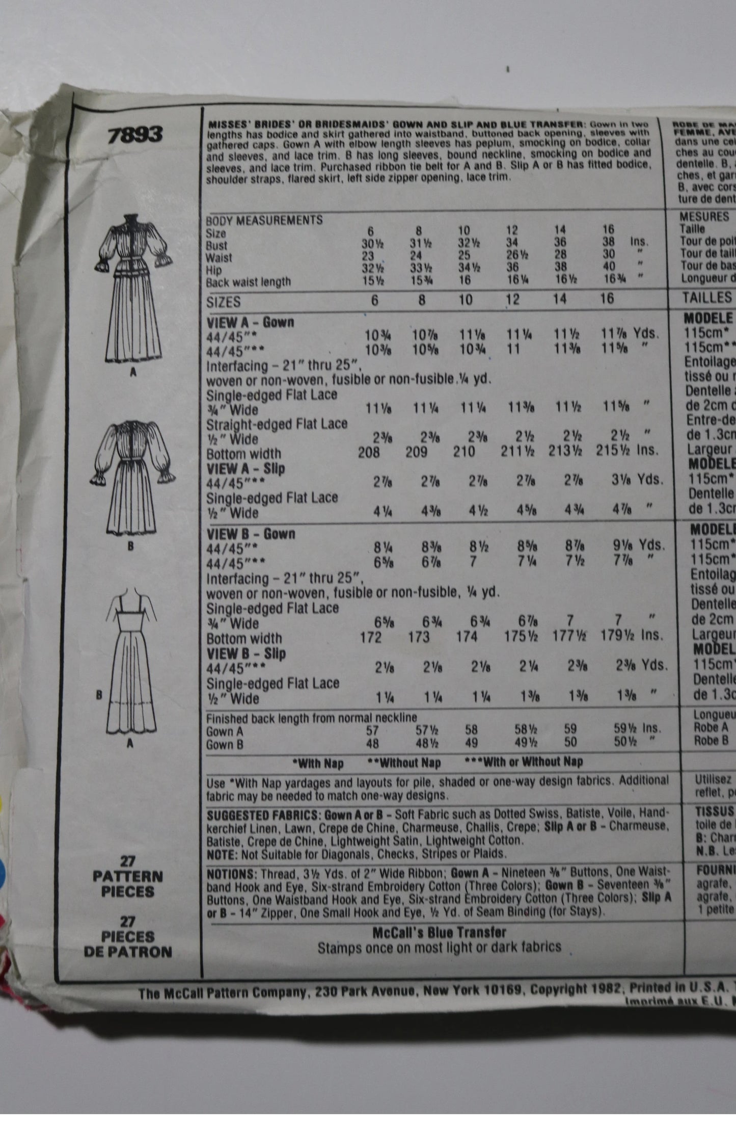 McCalls 7893 Jann Johnson Misses Brides and Bridemaids Gown and Slip and Blue Transfer Sewing Pattern - UNCUT - Size 12 Bust 34