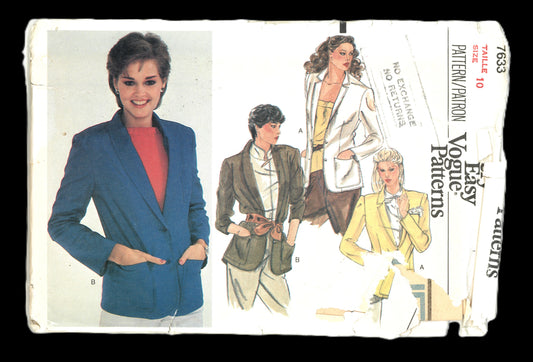 80s Vogue Jacket Sewing Pattern Vogue 7633