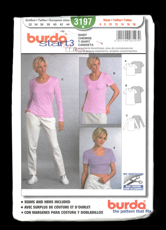 Burda 3197 Misses T Shirt Sewing Pattern UNCUT Size 6 8 10 12 14 16 18