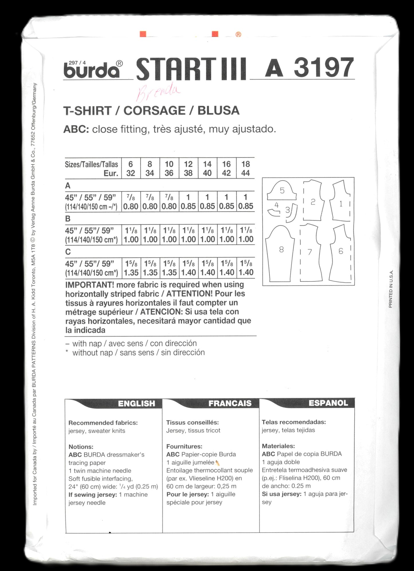 Burda 3197 Misses T Shirt Sewing Pattern UNCUT Size 6 8 10 12 14 16 18