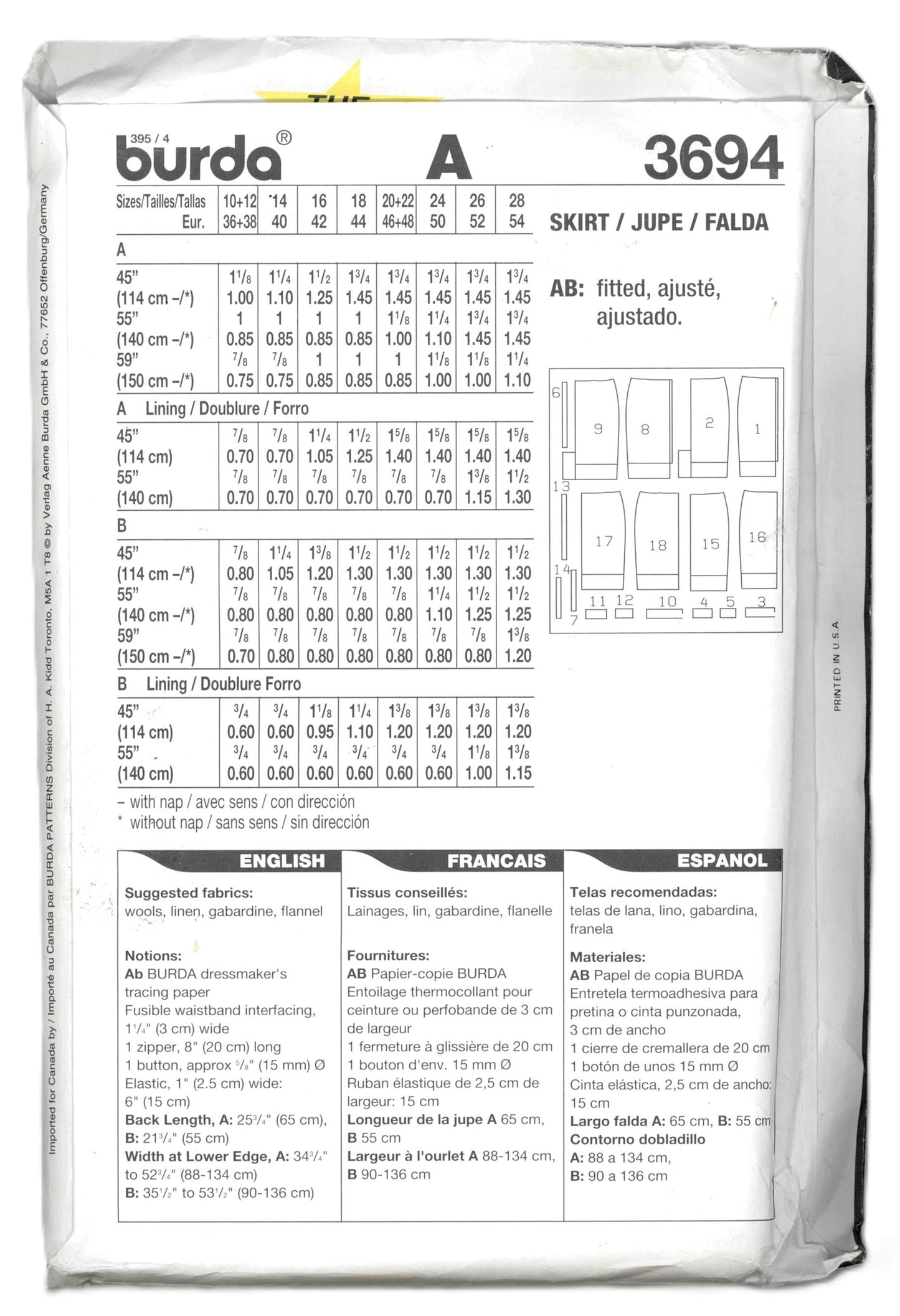 Burda 3694 Misses Skirt Sewing Pattern - UNCUT - Size 10 12 14 16 18 20 22 24 26 28