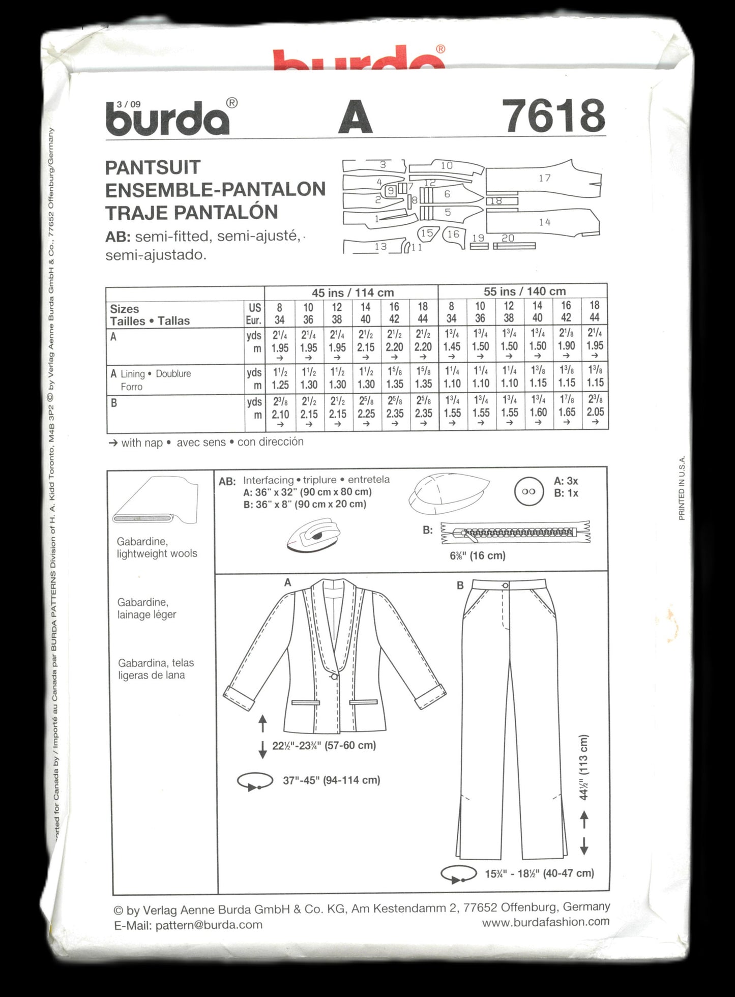 Burda 7618 Misses Pantsuit Sewing Pattern - UNCUT - Size 8 10 12 14 16 18