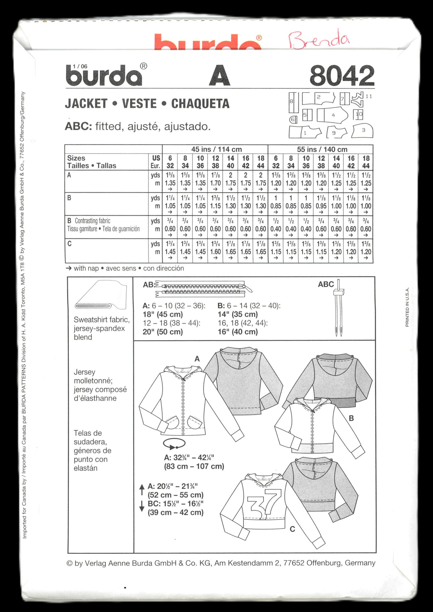 Burda Young 8042 Jacket Sewing Pattern - UNCUT - Size 6 8 10 12 14 18