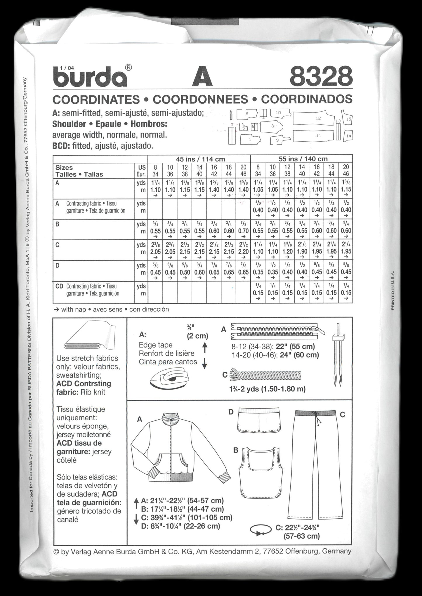 Burda 8328 Misses Jacket, Top Pants and Shorts Sewing Pattern - UNCUT - Size 8 10 12 14 16 18 20