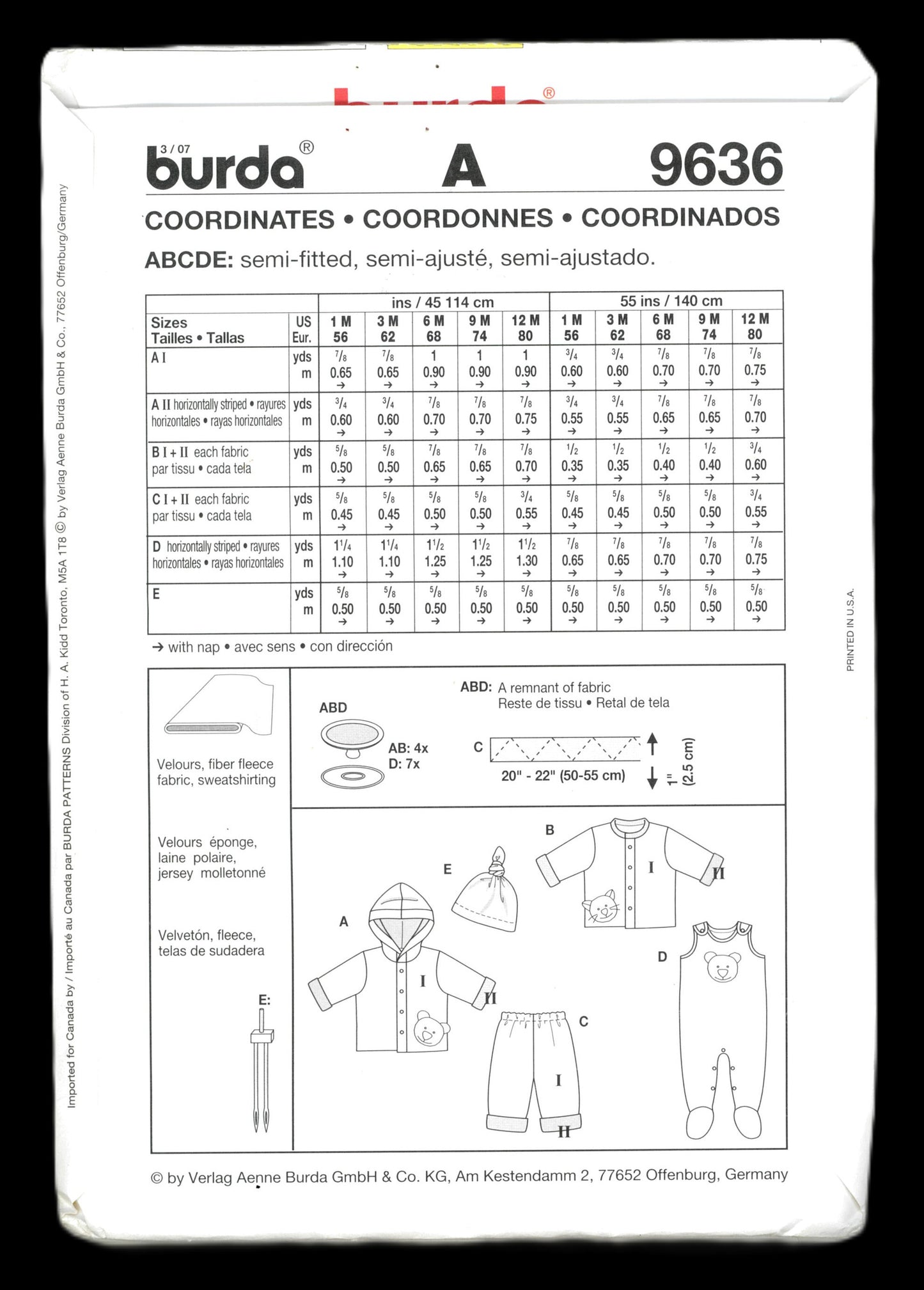 Burda 9636 Infants Boys Girls Jacket Pants Coverall Sewing Pattern - UNCUT - Size 1M 3M 6M 9M 12M