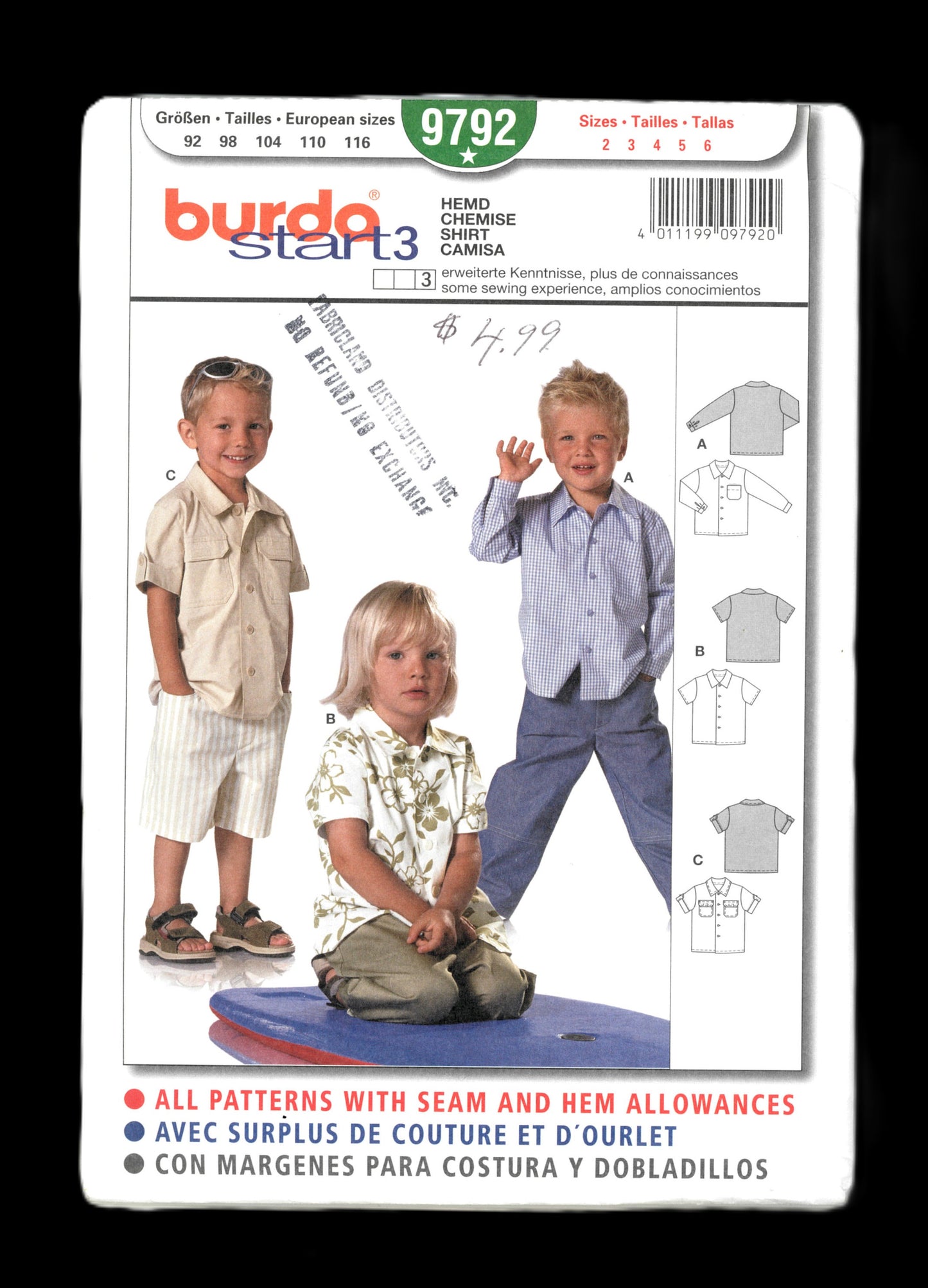 Burda 9792 Boys Shirt Sewing Pattern - UNCUT Size 2 3 4 5 6