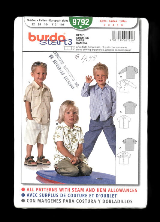 Burda 9792 Boys Shirt Sewing Pattern - UNCUT Size 2 3 4 5 6