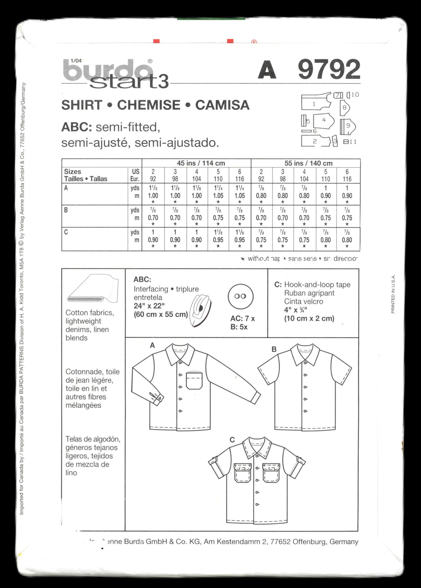 Burda 9792 Boys Shirt Sewing Pattern - UNCUT Size 2 3 4 5 6