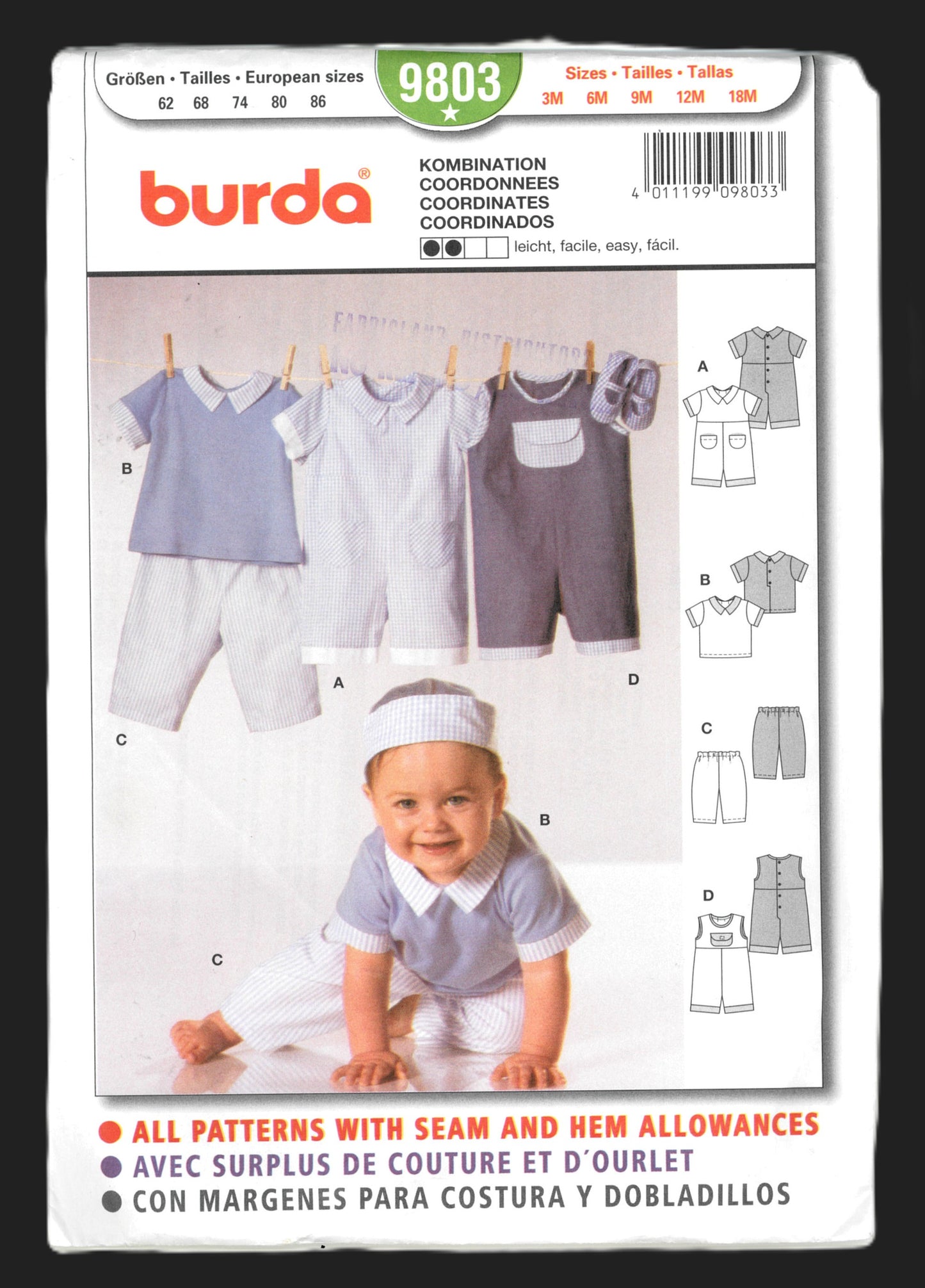 Burda 9803 Infants Boys Jumpsuit, Top and Pants Sewing Pattern - UNCUT - Size 3M 6M 9M 12M 18M