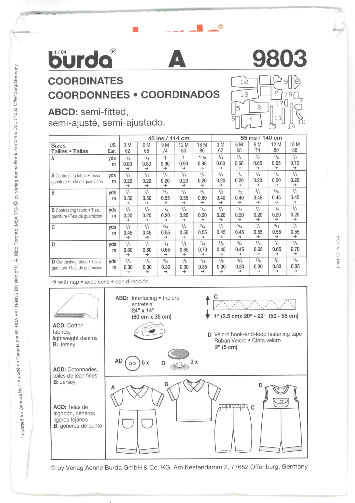 Burda 9803 Infants Boys Jumpsuit, Top and Pants Sewing Pattern - UNCUT - Size 3M 6M 9M 12M 18M