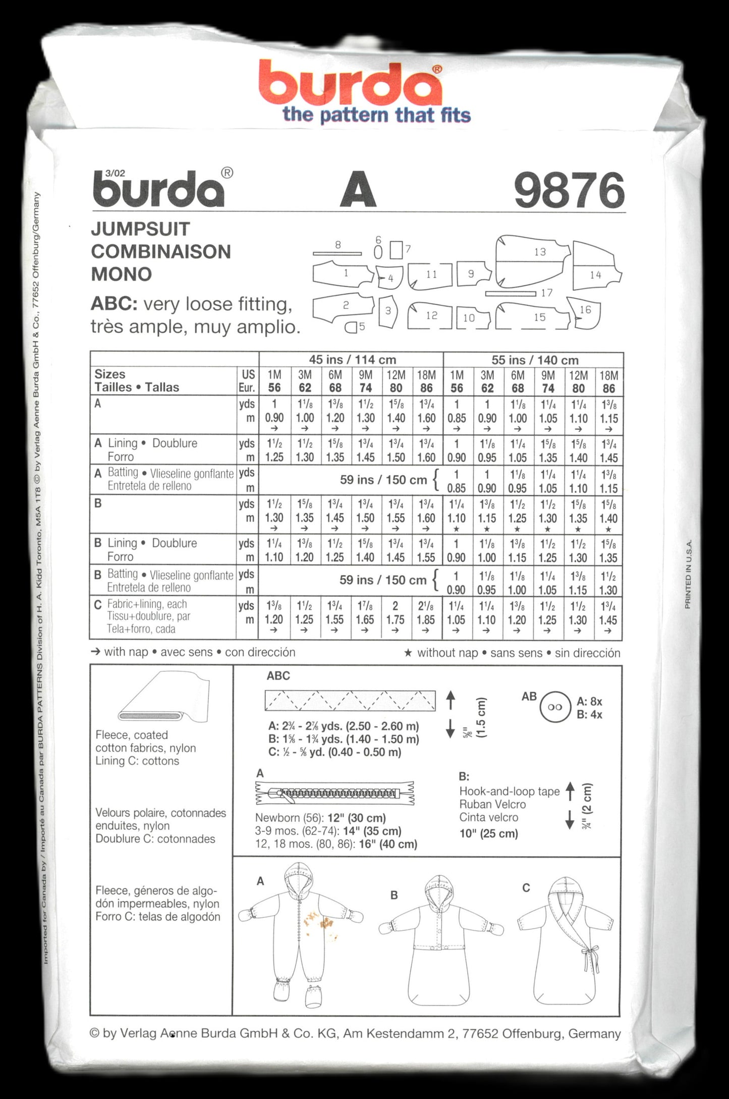 Burda 9876 Infants Bunting and Snowsuit  Sewing Pattern - UNCUT - Size 1M 3M 6M 9M 12M 18M