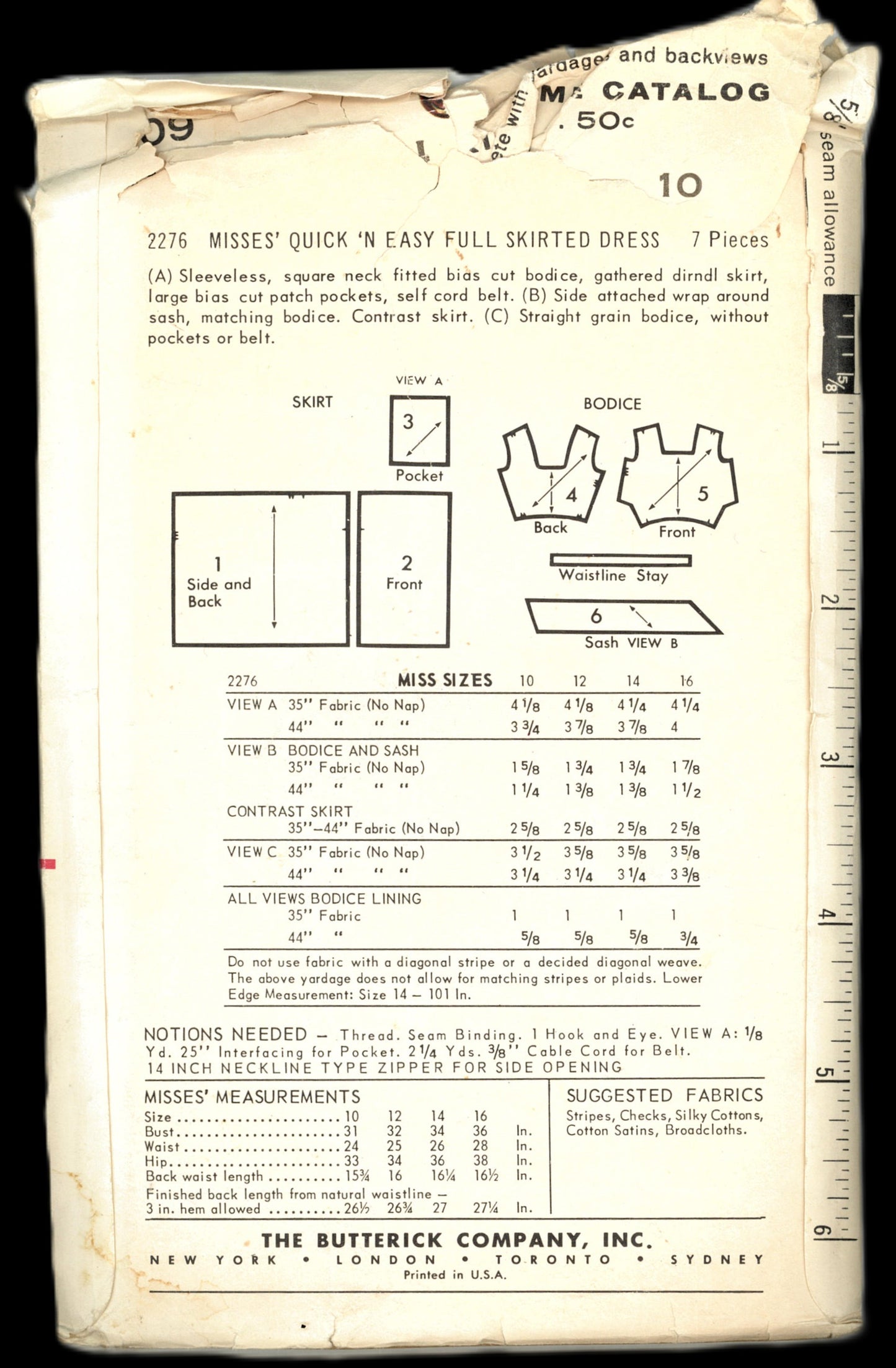 60s Butterick 2276 Misses Quick and Easy Full Skirted Dress Sewing Pattern UNCUT Size 10