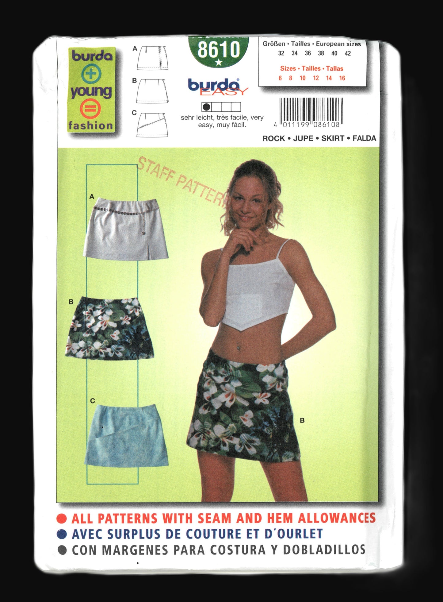 Burda Young 8610 Skirt Sewing Pattern

Three close-fitting mini-skirts. View A: with front section seam, slit and belt loops. View B: with side slit; View C: with pocket in diagonal section seam

Size 6 8 10 12 14 16 