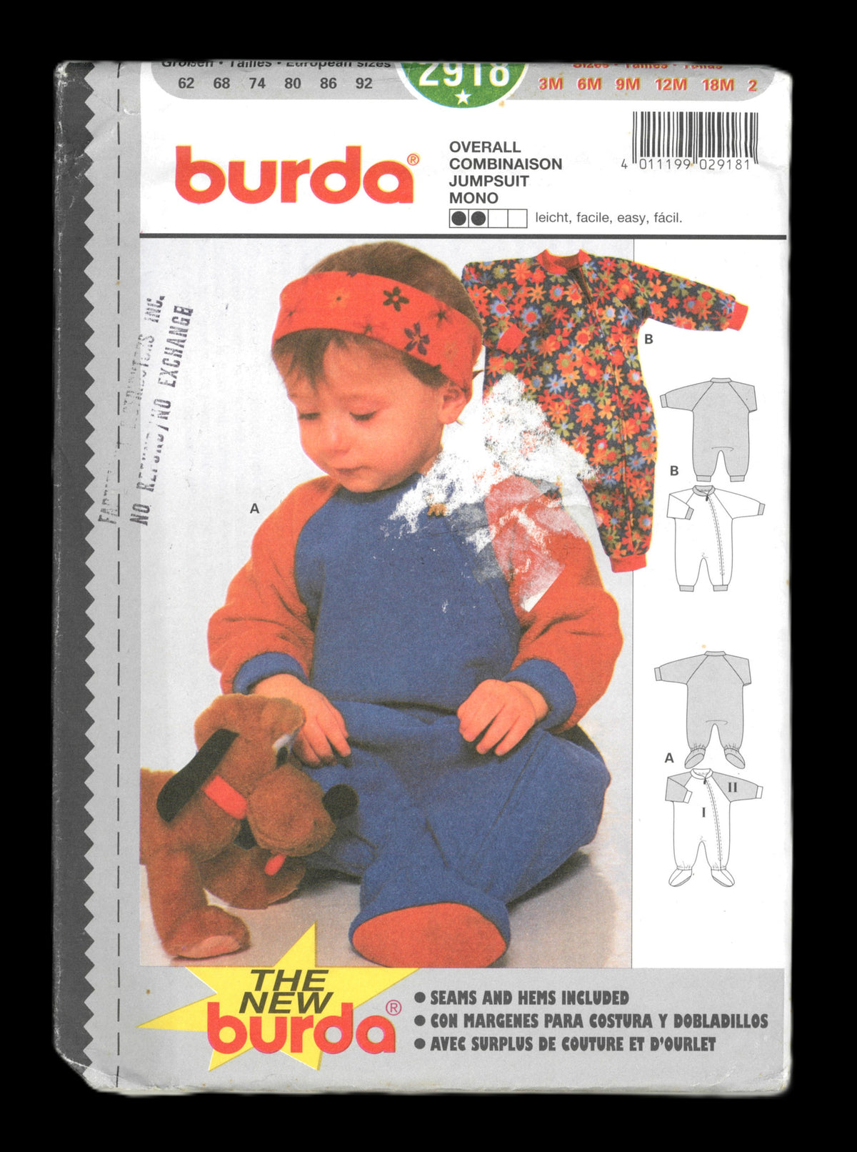 Burda 2918 Infants Jumpsuit Sewing Pattern - UNCUT - Size 3M 6M 9M 12M 18M 2