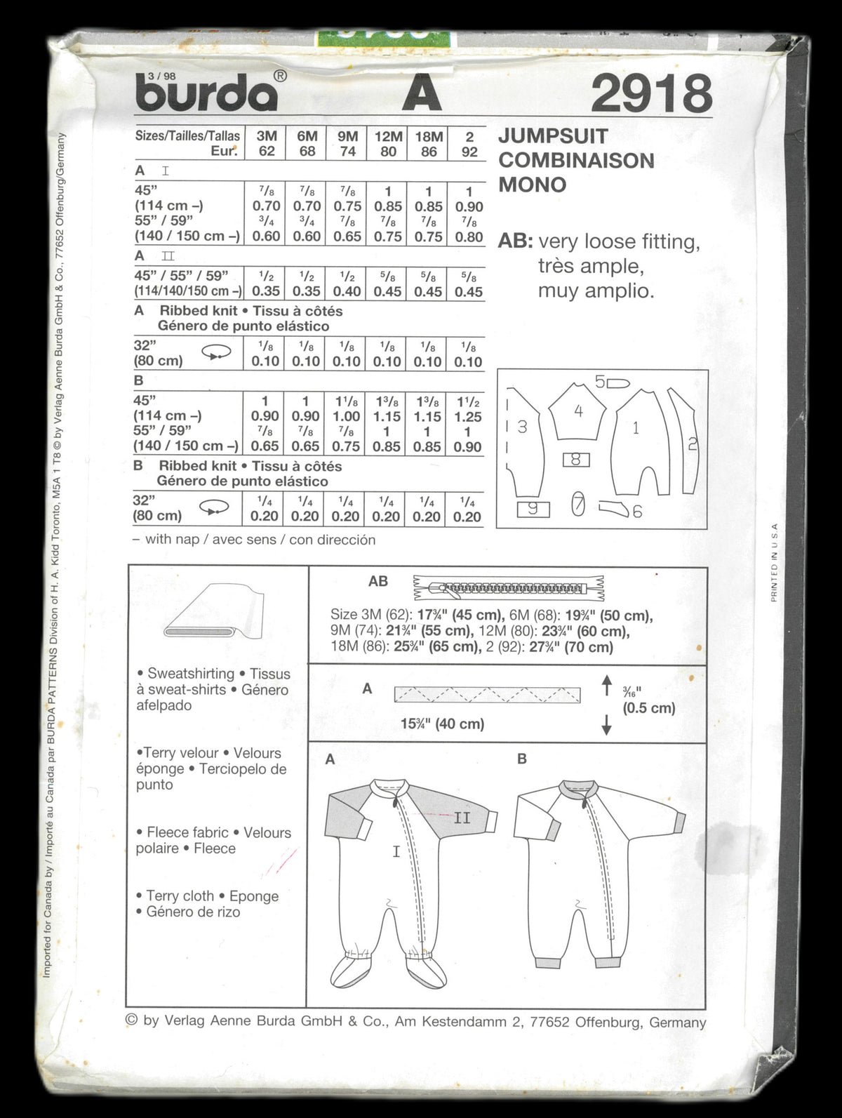 Burda 2918 Infants Jumpsuit Sewing Pattern - UNCUT - Size 3M 6M 9M 12M 18M 2