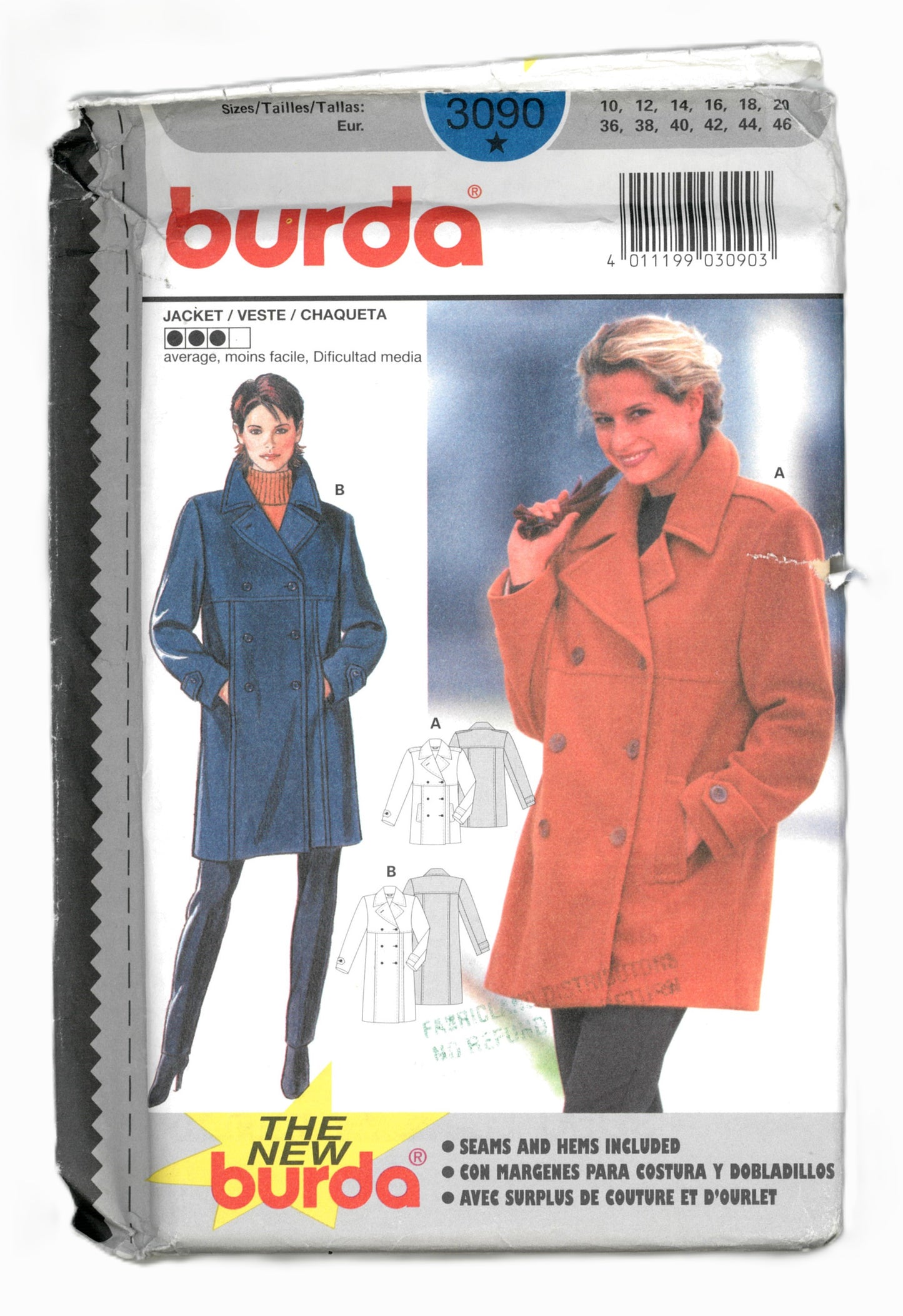 Burda 3090 Misses Coat Sewing Pattern - UNCUT Size 10 12 14 16 18 20