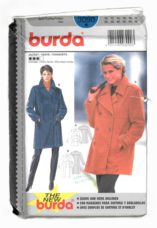 Burda 3090 Misses Coat Sewing Pattern - UNCUT Size 10 12 14 16 18 20