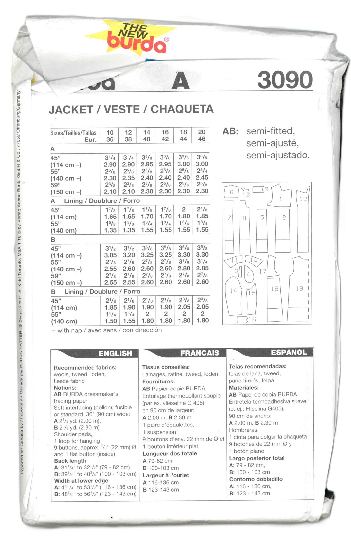 Burda 3090 Misses Coat Sewing Pattern - UNCUT Size 10 12 14 16 18 20