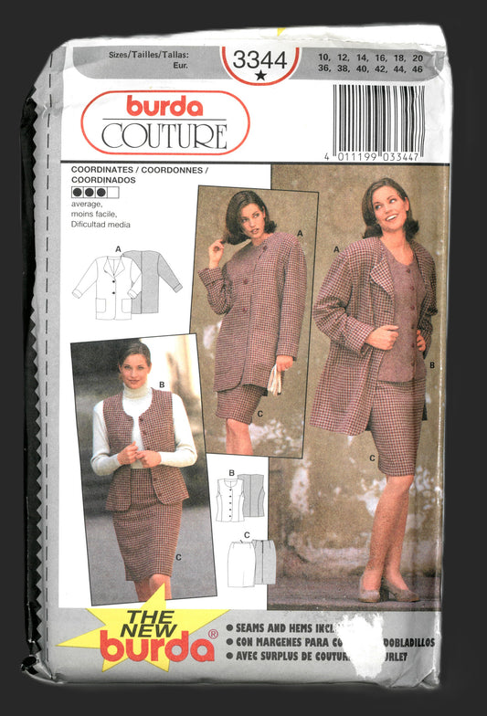 Burda 3344 Misses Jacket Vest and Skirt Sewing Pattern - UNCUT - Size 10 - 20