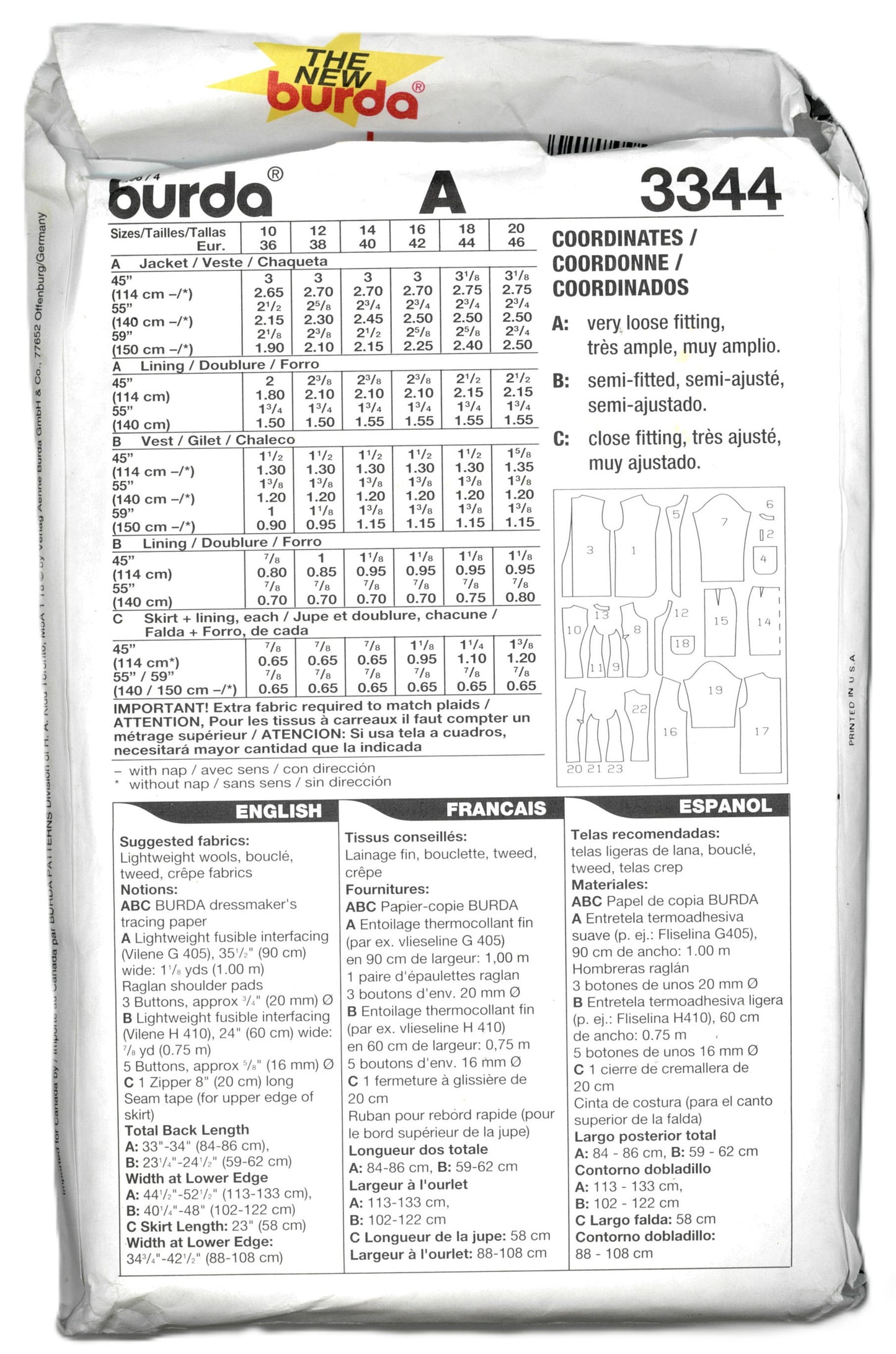 Burda 3344 Misses Jacket Vest and Skirt Sewing Pattern - UNCUT - Size 10 - 20