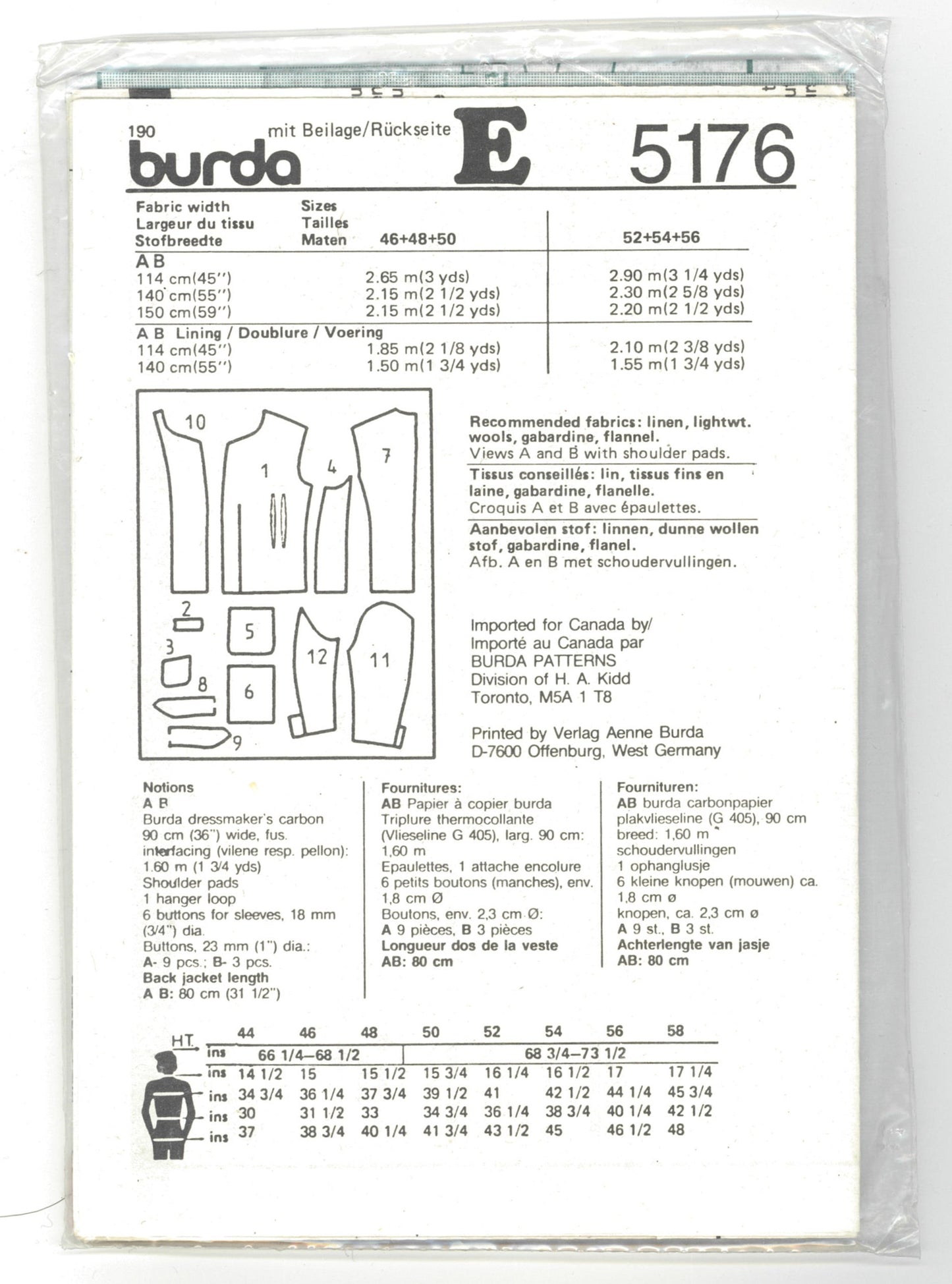 Burda 5176 Mens Blazer Sewing Pattern - UNCUT Size 36 - 46