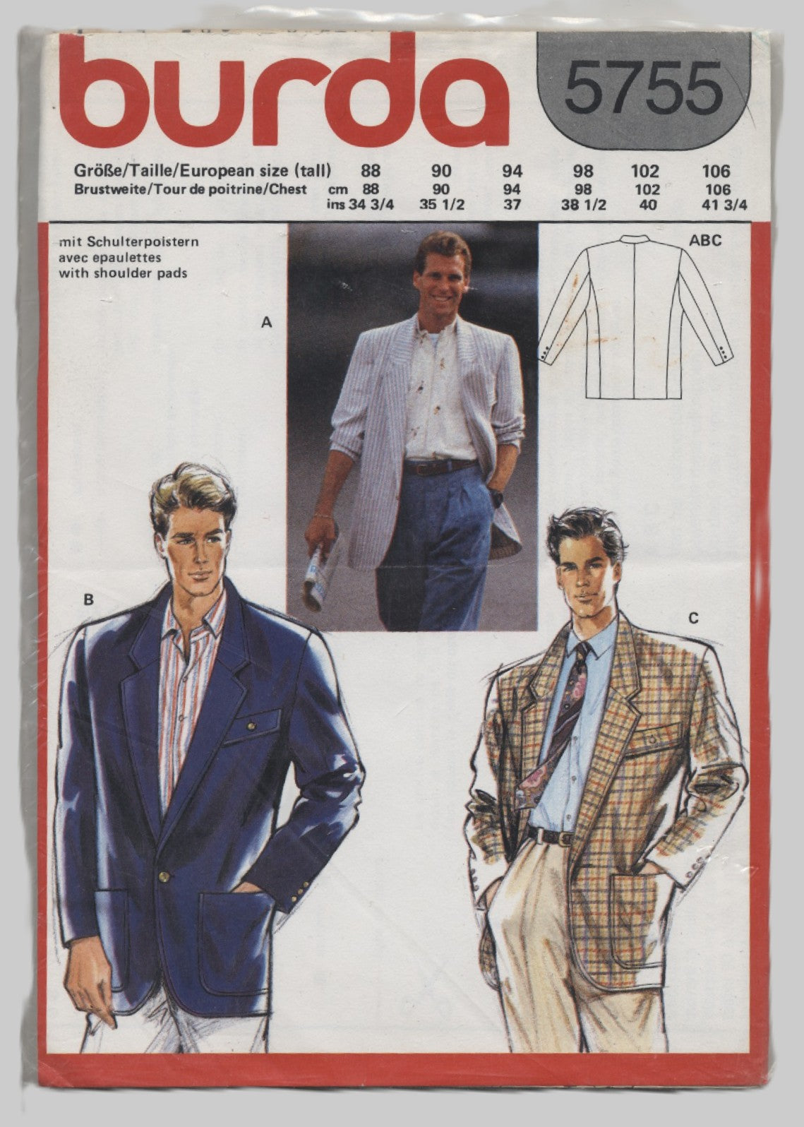 Burda 5755 Mens Blazer Jacket Sewing Pattern - UNCUT Eur Size 88 90 94 98 102 106