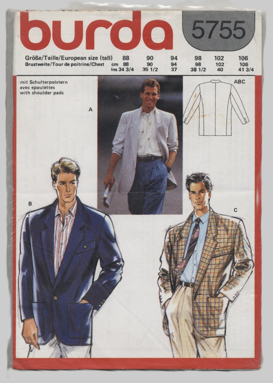 Burda 5755 Mens Blazer Jacket Sewing Pattern - UNCUT Eur Size 88 90 94 98 102 106