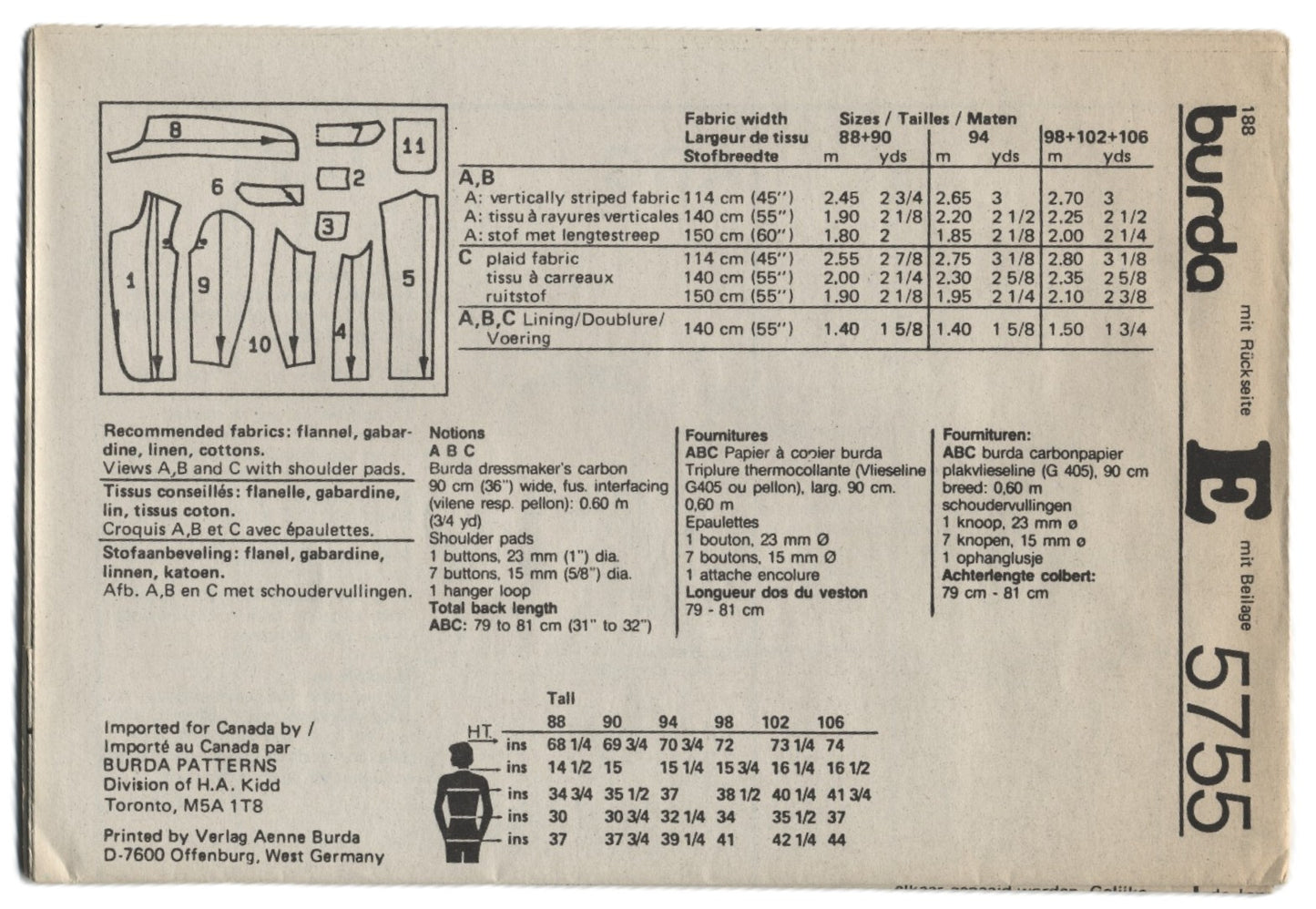 Burda 5755 Mens Blazer Jacket Sewing Pattern - UNCUT Eur Size 88 90 94 98 102 106