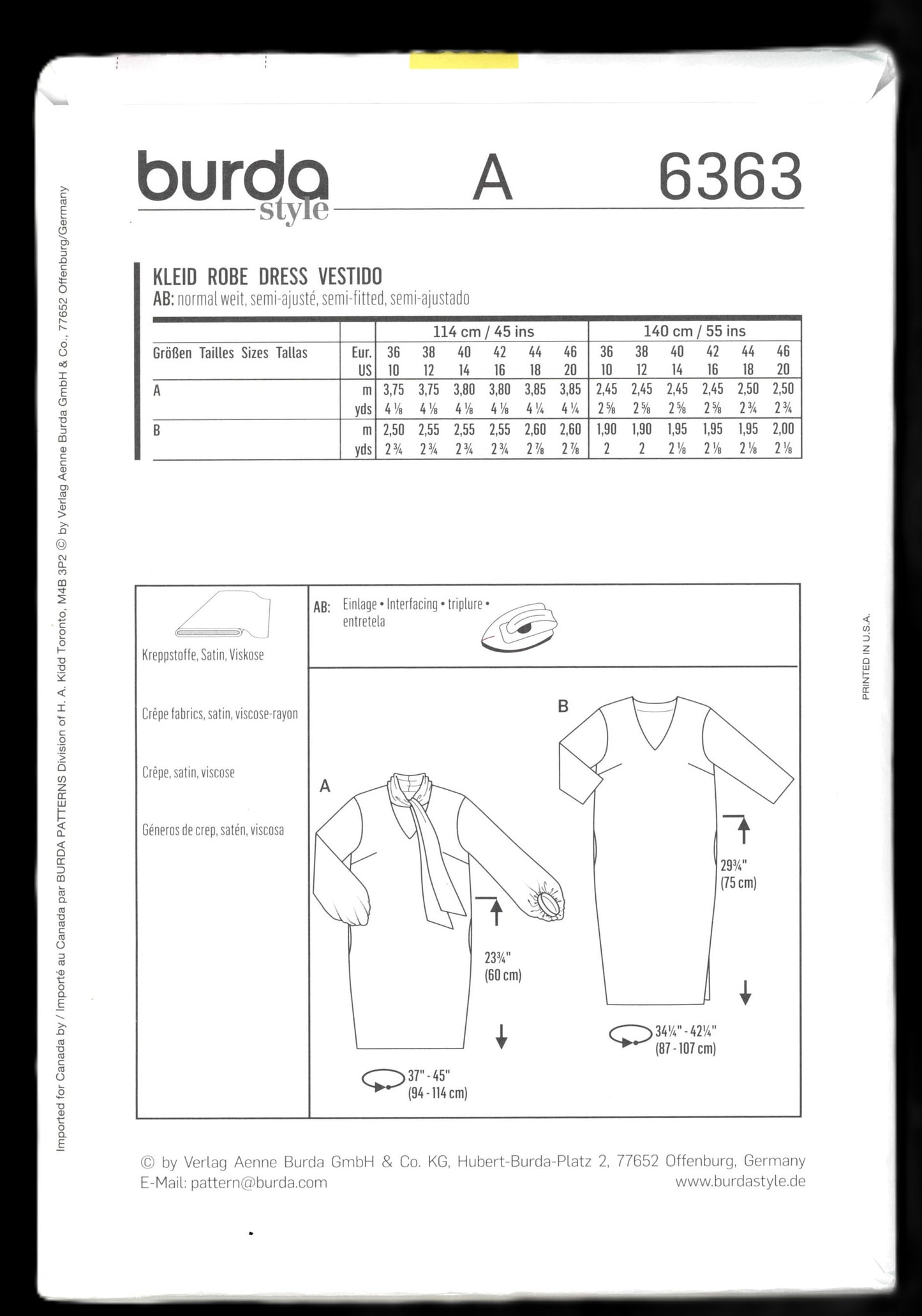 Burda 6363 Misses Dress Sewing Pattern - UNCUT - Size 10 - 20