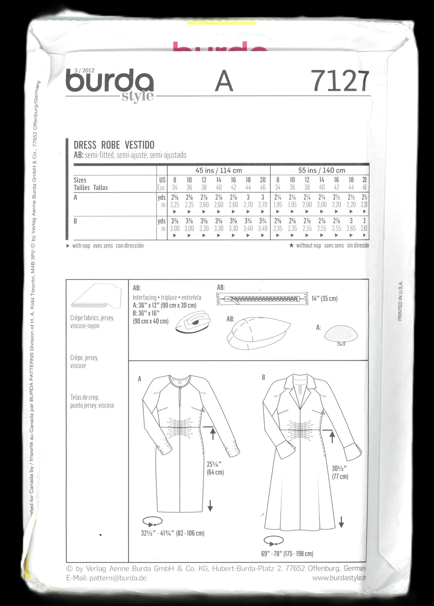 Burda 7127 Misses Dress Sewing Pattern - UNCUT - Size 8 10 12 14 16 18 20