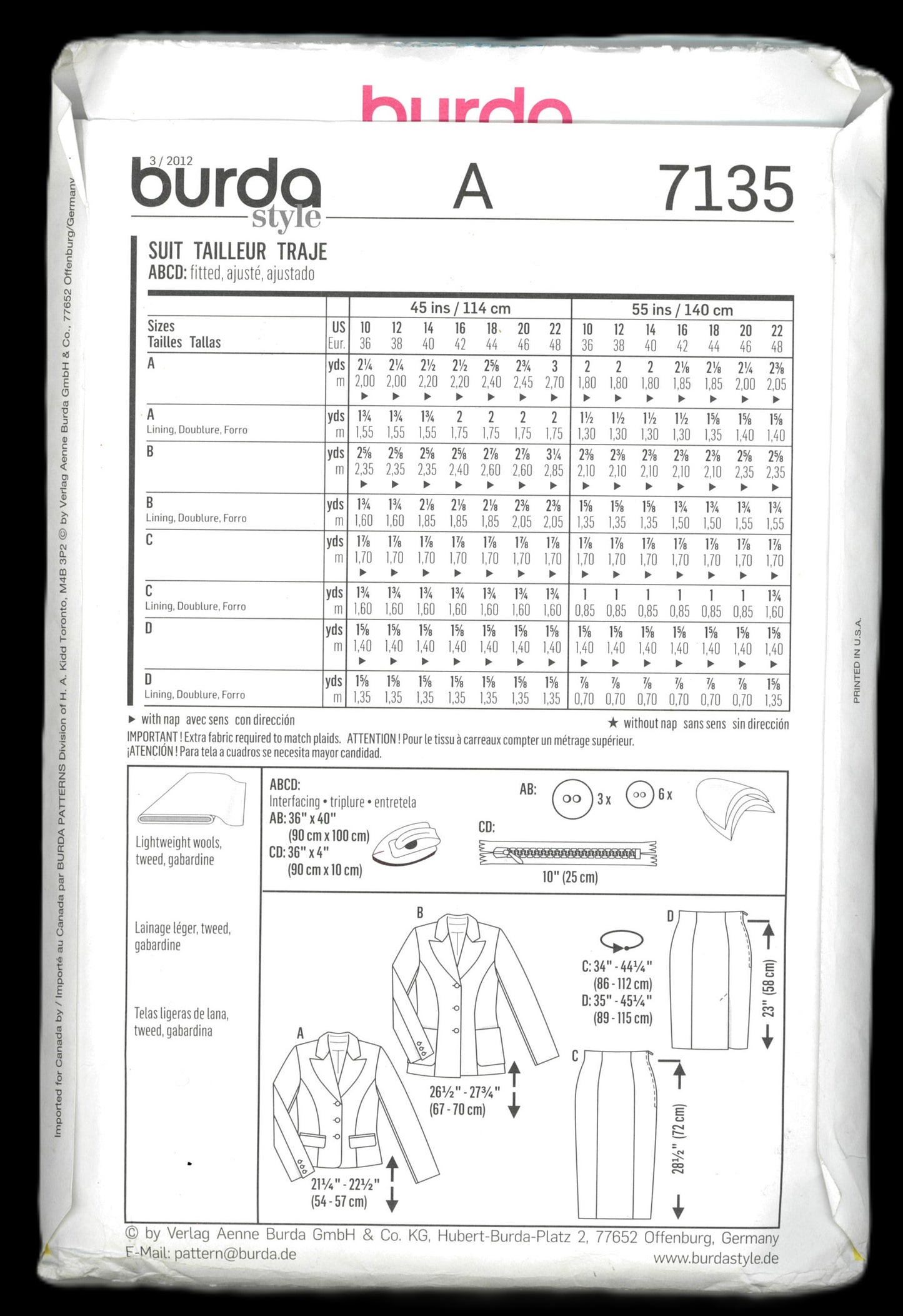 Burda 7135 Misses Suit - Jacket and Skirt Sewing Pattern - UNCUT - Size 10 12 14 16 18 20 22
