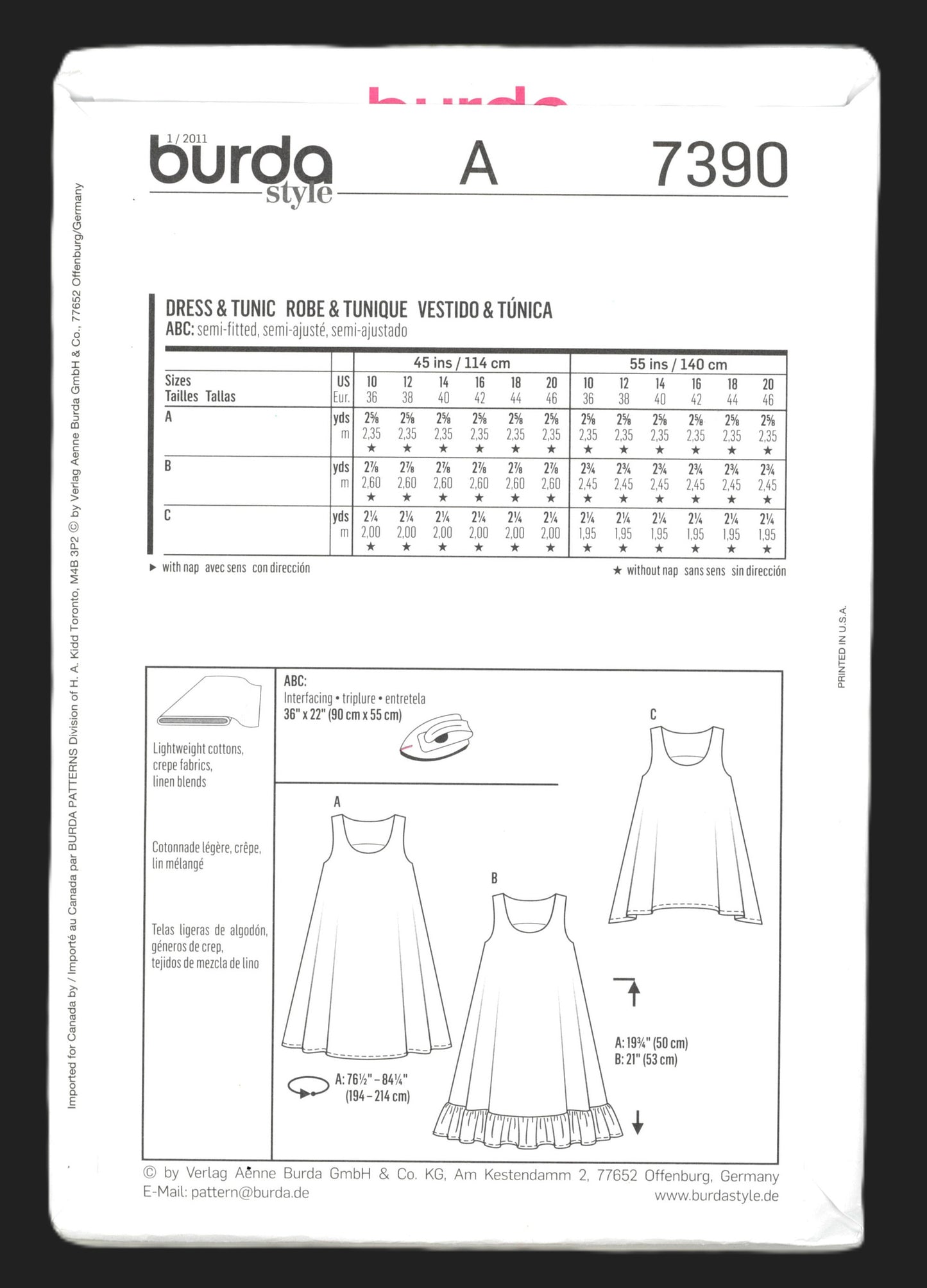 Burda Young 7390 Dress and Tunic Sewing Pattern UNCUT Size 10 12 14 16 18 20