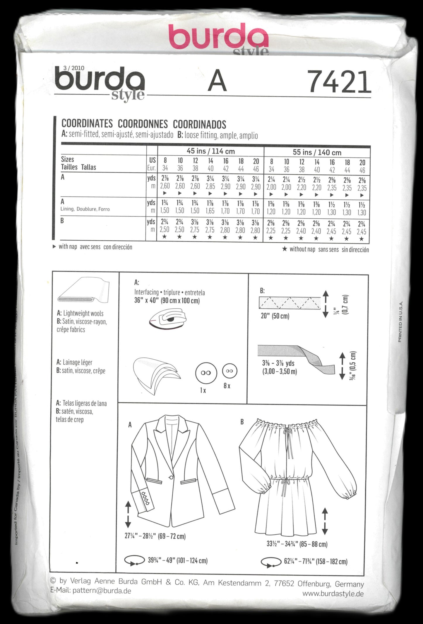Burda 7421 Misses Dress and jacket Sewing Pattern - UNCUT Size 8 10 12 14 16 18
