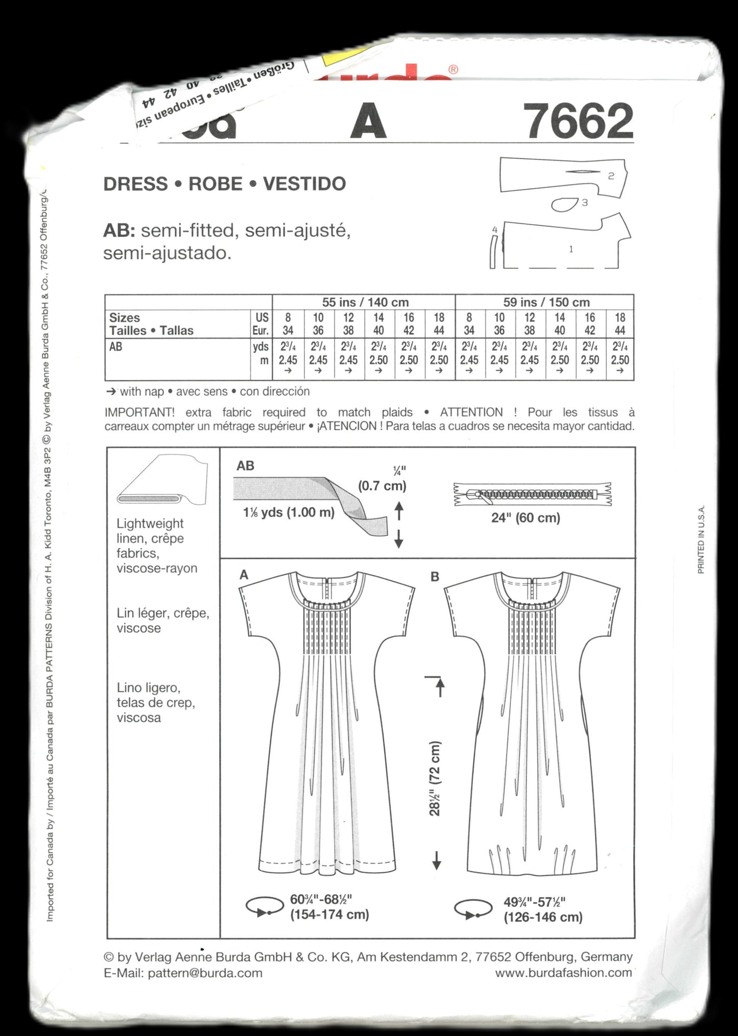 Burda 7662 Misses Dress Pattern UNCUT Size 8 - 18