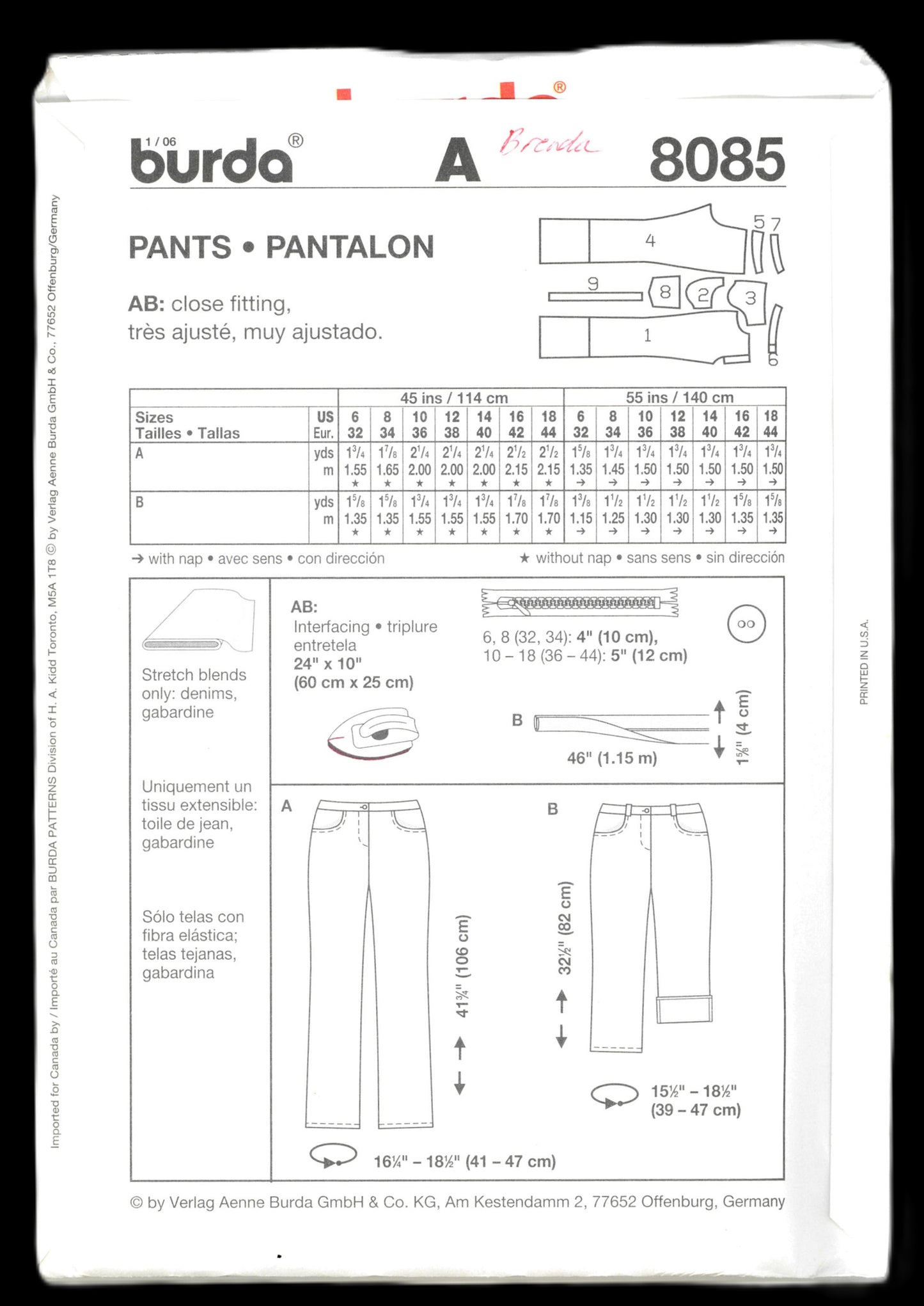 Burda 8085 Misses CLose Fitting Pants Sewing Pattern - UNCUT Size 6 8 10 12 14 16 18