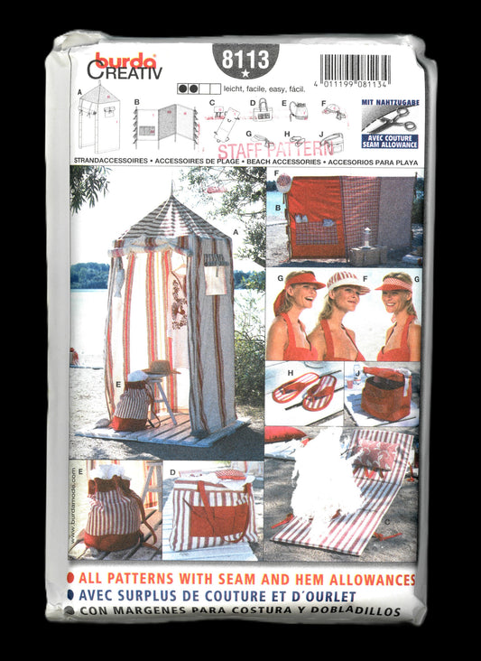 Burda 8113 Beach Accessories Sewing Pattern UNCUT  Beach Tent ,Beach Bag Wind Screen Visor, Cap, Beach Mat ,Picnic bag